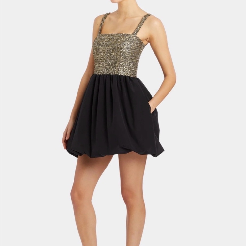 Amanda Uprichard Black Bubble Skirt Dress with Gold Sequin Bodice